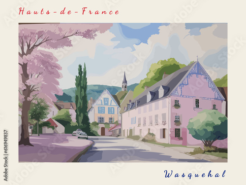 Wasquehal: Postcard design with a scene in France and the city name Wasquehal