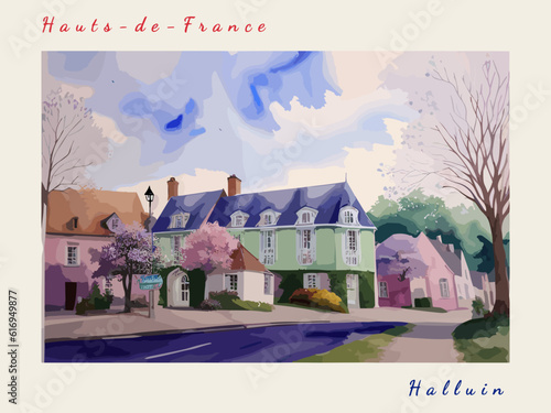Halluin: Postcard design with a scene in France and the city name Halluin