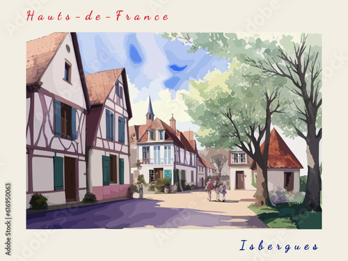 Isbergues: Postcard design with a scene in France and the city name Isbergues