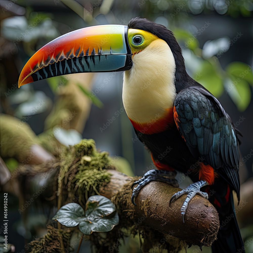 Naklejka premium A striking toucan (Ramphastos toco) sitting on a tree branch in the vibrant tropical rainforest.