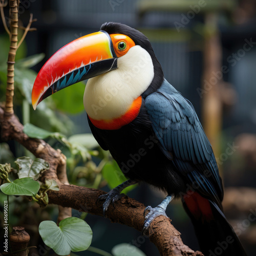 A striking toucan (Ramphastos toco) sitting on a tree branch in the vibrant tropical rainforest.
