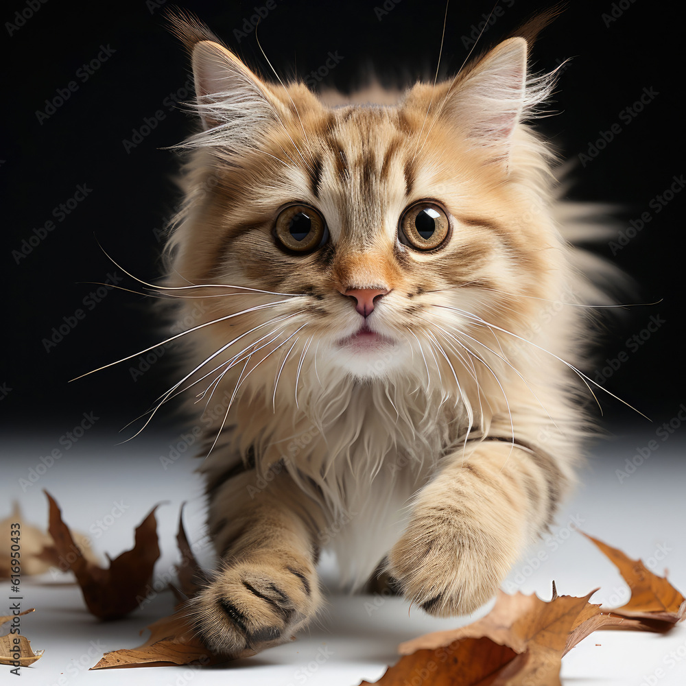 An eager Siberian Forest Cat kitten (Felis catus) chasing after a feather toy.