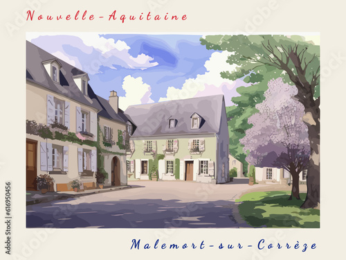 Malemort-sur-Corrèze: Postcard design with a scene in France and the city name Malemort-sur-Corrèze