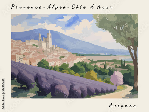 Avignon: Postcard design with a scene in France and the city name Avignon