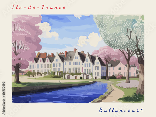 Ballancourt: Postcard design with a scene in France and the city name Ballancourt