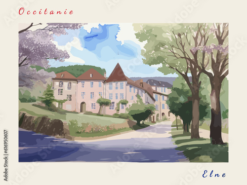 Elne: Postcard design with a scene in France and the city name Elne