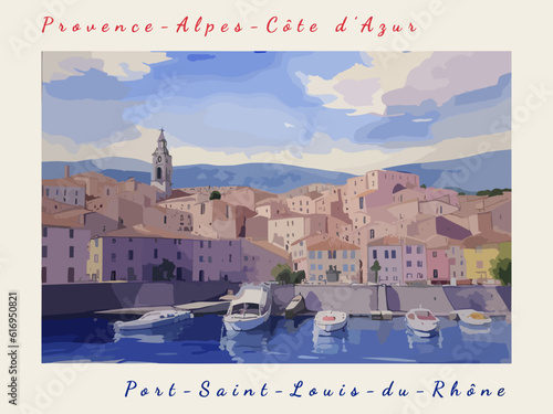 Port-Saint-Louis-du-Rhône: Postcard design with a scene in France and the city name Port-Saint-Louis-du-Rhône