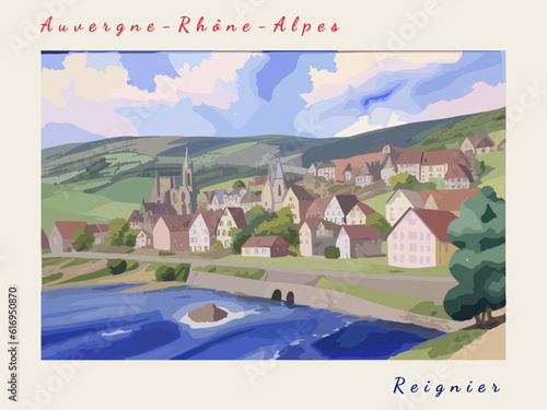 Reignier: Postcard design with a scene in France and the city name Reignier