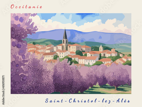 Saint-Christol-lez-Alès: Postcard design with a scene in France and the city name Saint-Christol-lez-Alès