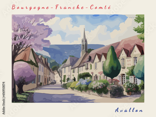 Avallon: Postcard design with a scene in France and the city name Avallon
