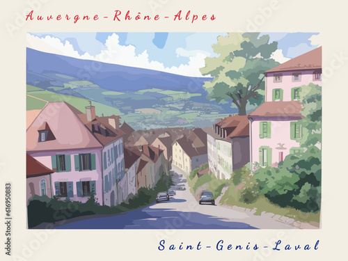 Saint-Genis-Laval: Postcard design with a scene in France and the city name Saint-Genis-Laval