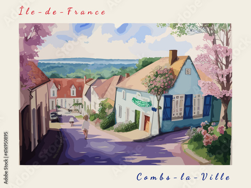 Combs-la-Ville: Postcard design with a scene in France and the city name Combs-la-Ville