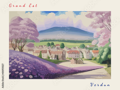 Verdun: Postcard design with a scene in France and the city name Verdun