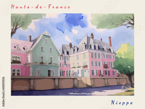 Nieppe: Postcard design with a scene in France and the city name Nieppe