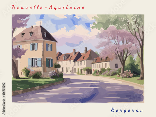 Bergerac: Postcard design with a scene in France and the city name Bergerac