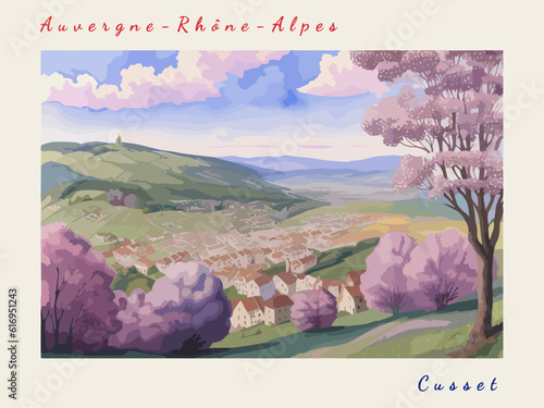 Cusset: Postcard design with a scene in France and the city name Cusset