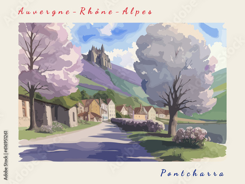 Pontcharra: Postcard design with a scene in France and the city name Pontcharra