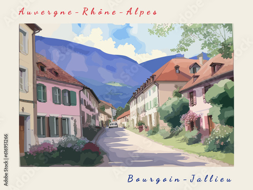 Bourgoin-Jallieu: Postcard design with a scene in France and the city name Bourgoin-Jallieu