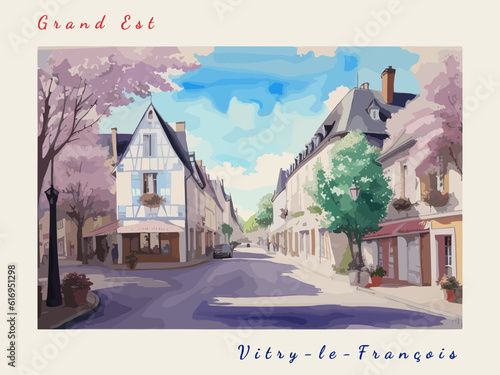 Vitry-le-François: Postcard design with a scene in France and the city name Vitry-le-François
