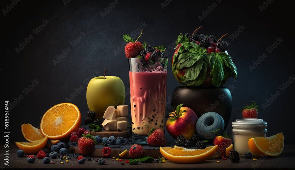 fruit smoothie on a dark background. Generative AI fruit smoothie on a dark background. Generative AI