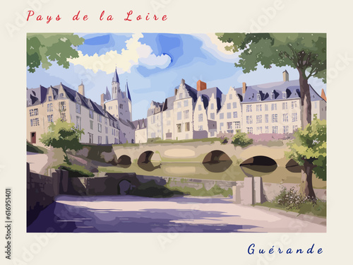 Guérande: Postcard design with a scene in France and the city name Guérande
