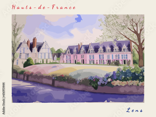 Lens: Postcard design with a scene in France and the city name Lens