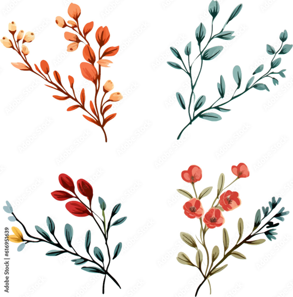 Set of floral branch. Flat isolated on white background. Set of floral branch. Flat isolated on white background.