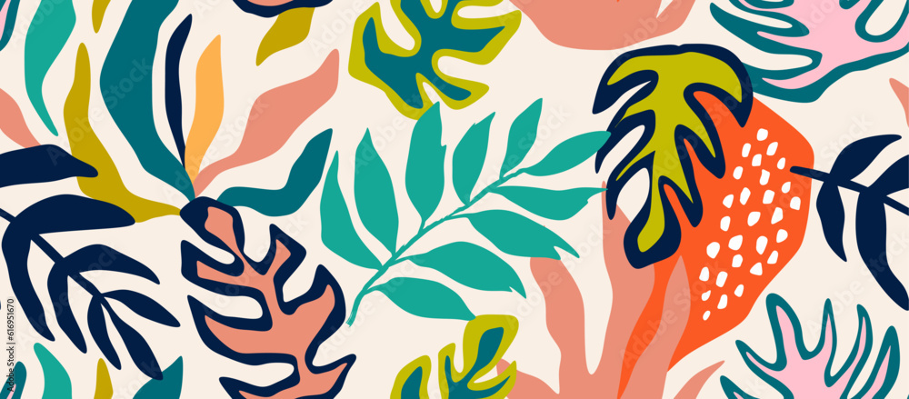 tropical leave and flower seamless pattern. Cute botanical shapes. tropical leave and flower seamless pattern. Cute botanical shapes.