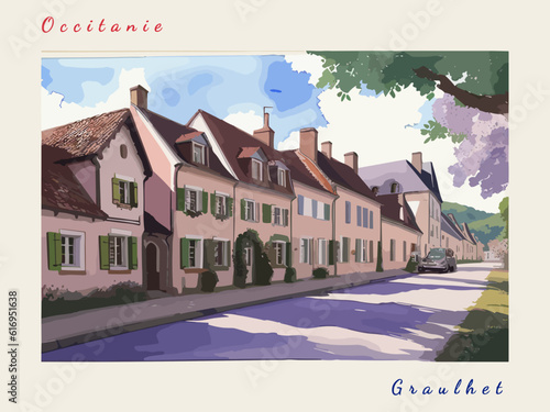 Graulhet: Postcard design with a scene in France and the city name Graulhet