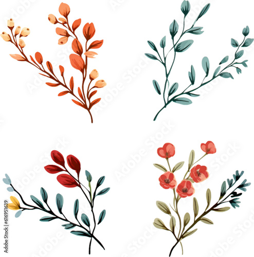 Set of floral branch. Flat isolated on white background.