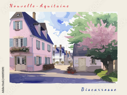 Biscarrosse: Postcard design with a scene in France and the city name Biscarrosse