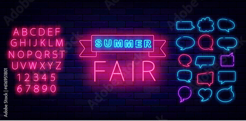 Summer fair neon label. Speech bubbles frames set. Family festival promotion. Vector stock illustration