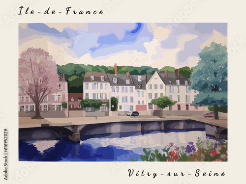 Vitry-sur-Seine: Postcard design with a scene in France and the city name Vitry-sur-Seine