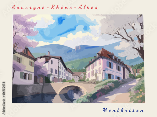 Montbrison: Postcard design with a scene in France and the city name Montbrison photo