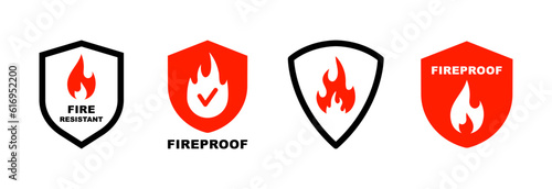 Fire resistant icon set. Fireproof icon. Fire protection icon with shield. Fire resistant material sign. Vector illustration. photo