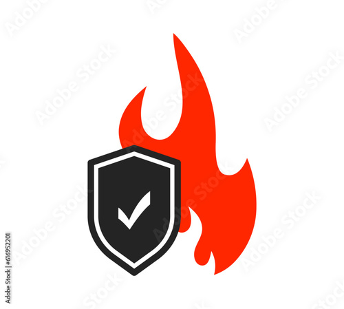 Fire resistant icon. Fireproof icon. Fire protection icon with shield. Fire resistant material sign. Vector illustration.
