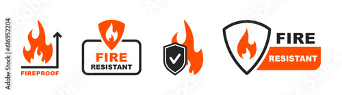 Fire resistant icon set. Fireproof icon. Fire protection icon with shield. Fire resistant material sign. Vector illustration.