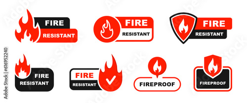 Fire resistant icon set. Fireproof icon. Fire protection icon with shield. Fire resistant material sign. Vector illustration.