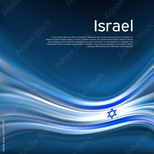 Israel flag background. Abstract israeli flag in the blue sky.  National holiday card design. State banner, israel poster, patriotic cover, flyer. Business brochure. Vector design photo