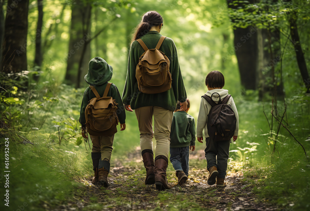 Mother and Children walking in Forest, hiking, adventure Mother and Children walking in Forest, hiking, adventure