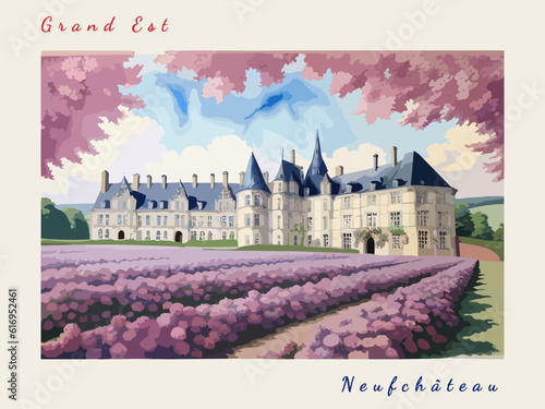 Neufchâteau: Postcard design with a scene in France and the city name Neufchâteau