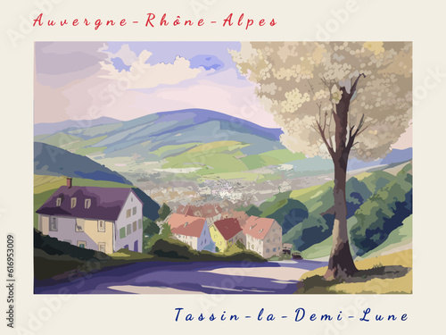 Tassin-la-Demi-Lune: Postcard design with a scene in France and the city name Tassin-la-Demi-Lune