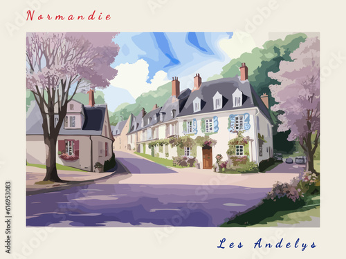 Les Andelys: Postcard design with a scene in France and the city name Les Andelys