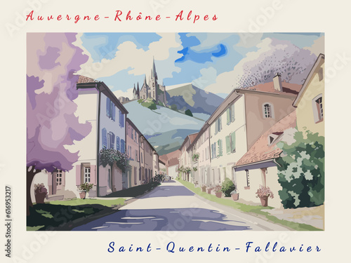 Saint-Quentin-Fallavier: Postcard design with a scene in France and the city name Saint-Quentin-Fallavier