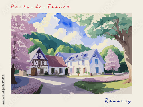 Rouvroy: Postcard design with a scene in France and the city name Rouvroy