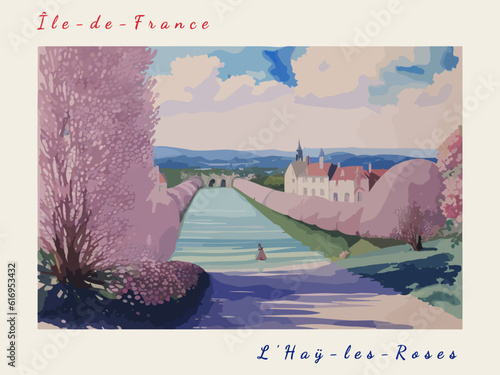 L’Haÿ-les-Roses: Postcard design with a scene in France and the city name L’Haÿ-les-Roses