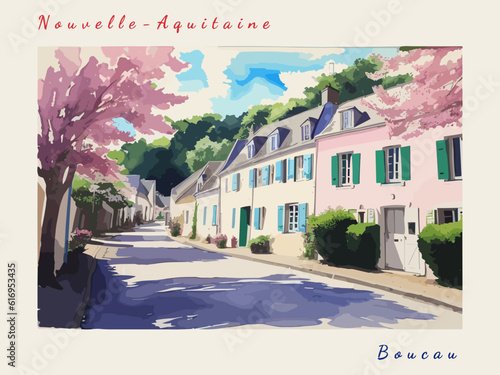 Boucau: Postcard design with a scene in France and the city name Boucau