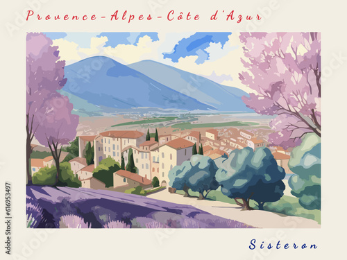 Sisteron: Postcard design with a scene in France and the city name Sisteron