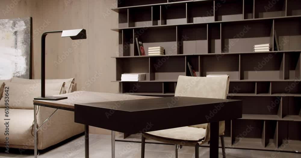 Minimalist brown shelf. Minimalist bookshelf. Modern Furniture and cozy design. Home modern black shelf. Brown table for work with modern lamp. Shelves with home stuff. minimalist furniture. Minimalist brown shelf. Minimalist bookshelf. Modern Furniture and cozy design. Home modern black shelf. Brown table for work with modern lamp. Shelves with home stuff. minimalist furniture.