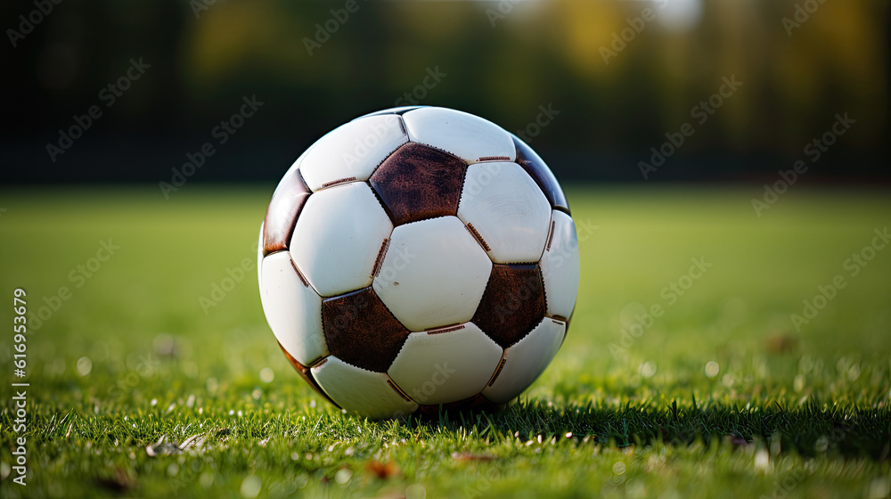 Fototapeta premium Traditional soccer ball on soccer field